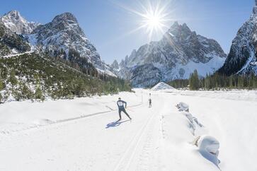 Several cross-country skiers in a vast sunny winter landscape, with a massive mountain range in the background.
