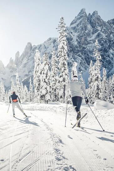 Due fondisti percorrono una pista da sci di fondo innevata attraverso un soleggiato paesaggio invernale, con alberi innevati e montagne sullo sfondo.