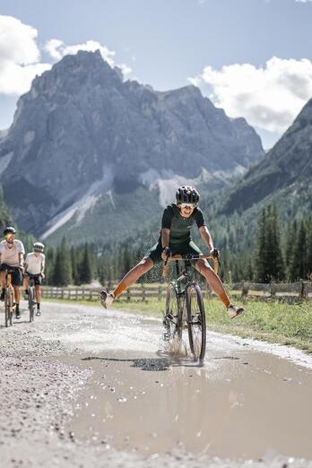 Three cyclists ride along a wide path between a meadow and a forest; a mountain landscape can be seen in the background.