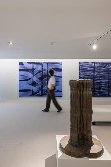 A woman looks at displayed pictures