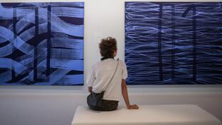 A woman looks at displayed pictures