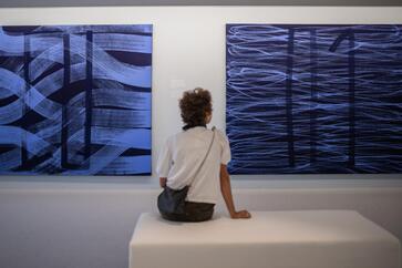 A woman looks at displayed pictures