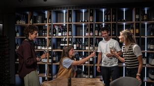 A group of people is toasting with a glass of white wine