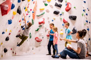 A group of children are climbing in a bouldering gym