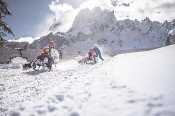 A family with two children is sledding